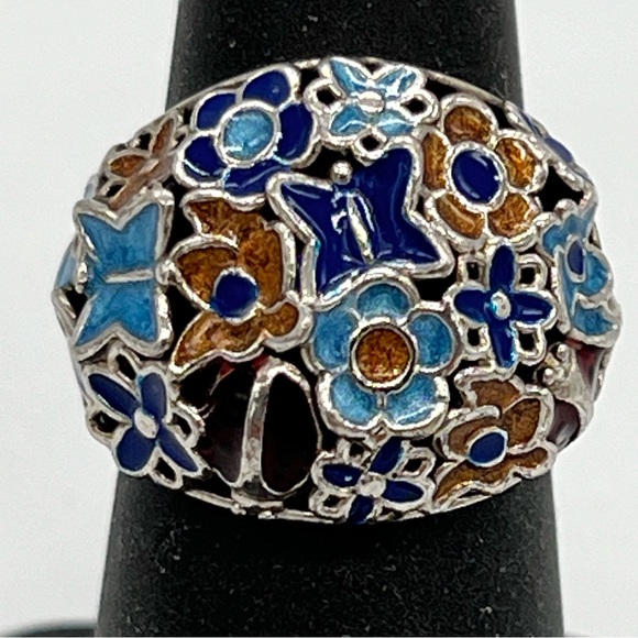Sterling Silver Enamel Floral Butterfly Ring - Picture 3 of 4